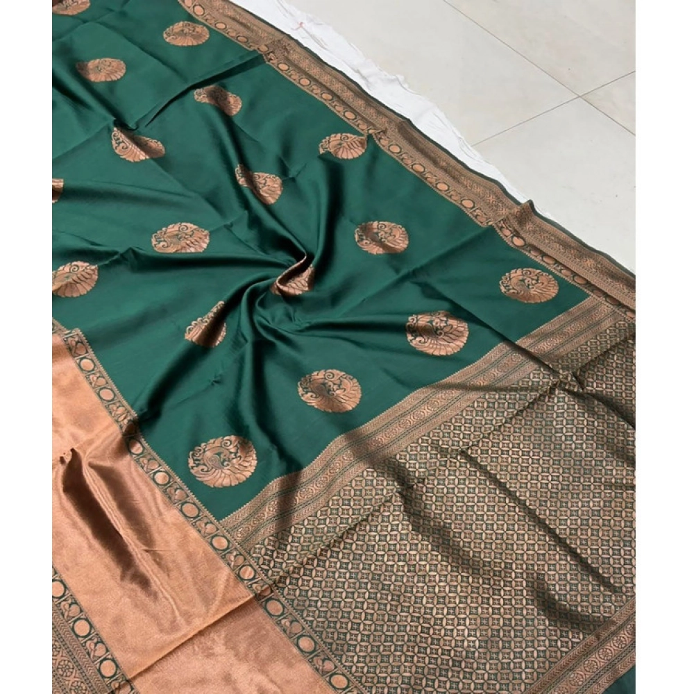 Women's Litchi Silk Printed Saree with Blouse – Green