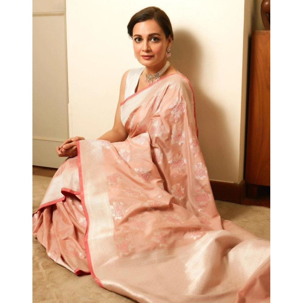 Women's Litchi Silk Printed Saree with Blouse – Peach