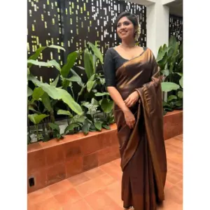 Women's Litchi Silk Printed Saree with Blouse – Gold