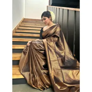 Women's Litchi Silk Printed Saree with Blouse – Gold