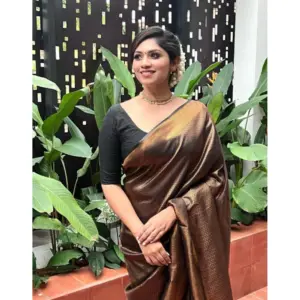 Women's Litchi Silk Printed Saree with Blouse – Gold