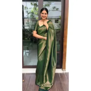 Women's Litchi Silk Printed Saree with Blouse – Green