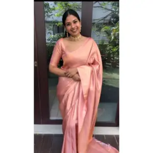 Women's Litchi Silk Printed Saree with Blouse – Peach