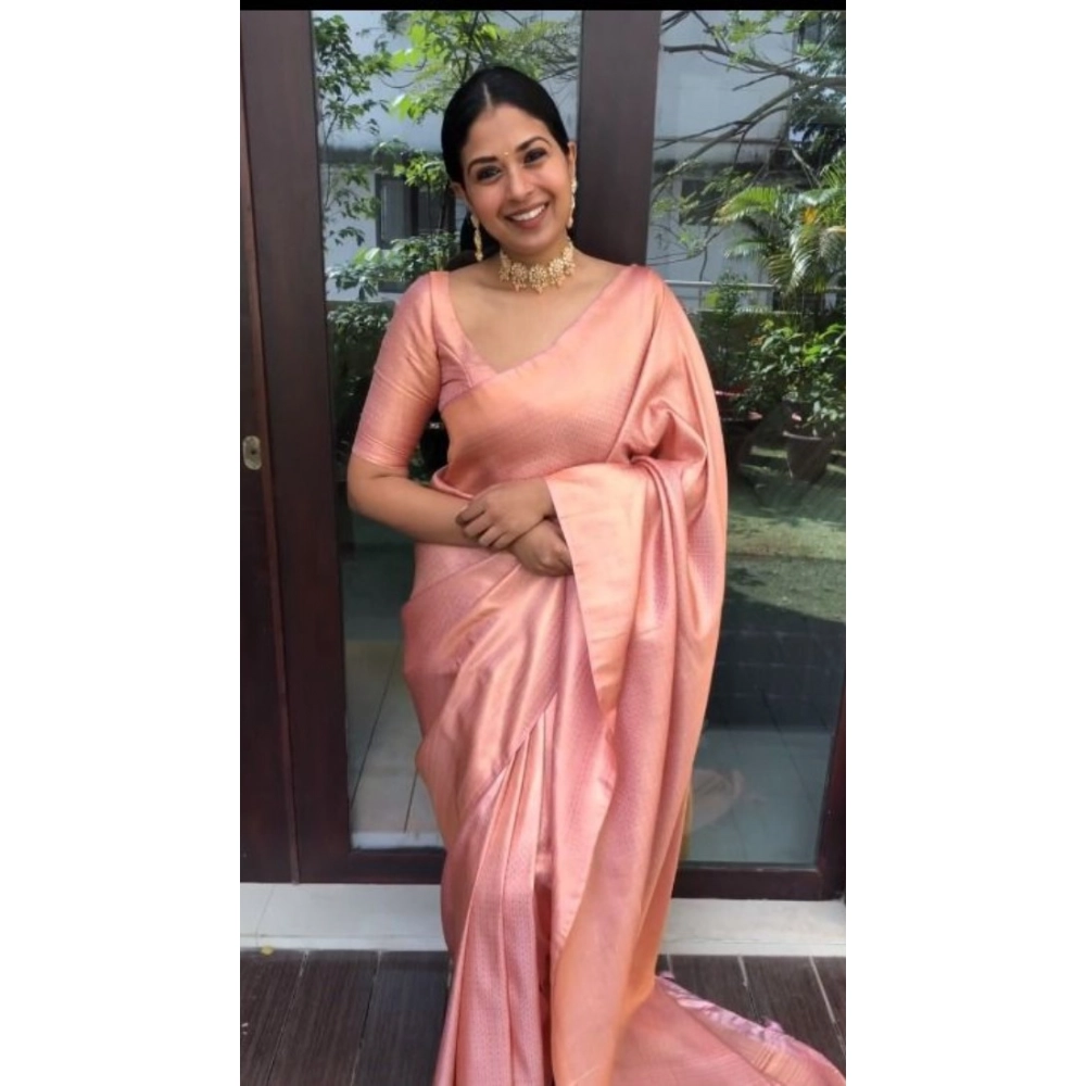Women's Litchi Silk Printed Saree with Blouse – Peach