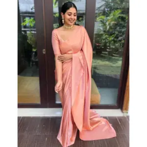 Women's Litchi Silk Printed Saree with Blouse – Peach