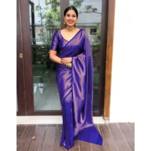 Women's Litchi Silk Printed Saree with Blouse – Purple
