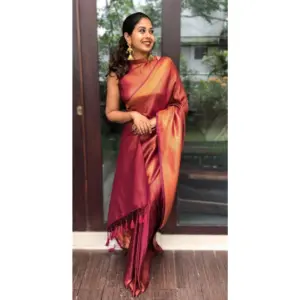 Women's Litchi Silk Printed Saree with Blouse – Red