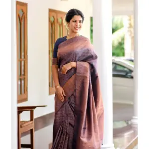 Women's Litchi Silk Printed Saree with Blouse – Navy Blue