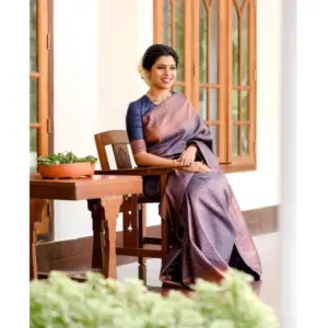 Women's Litchi Silk Printed Saree with Blouse – Navy Blue