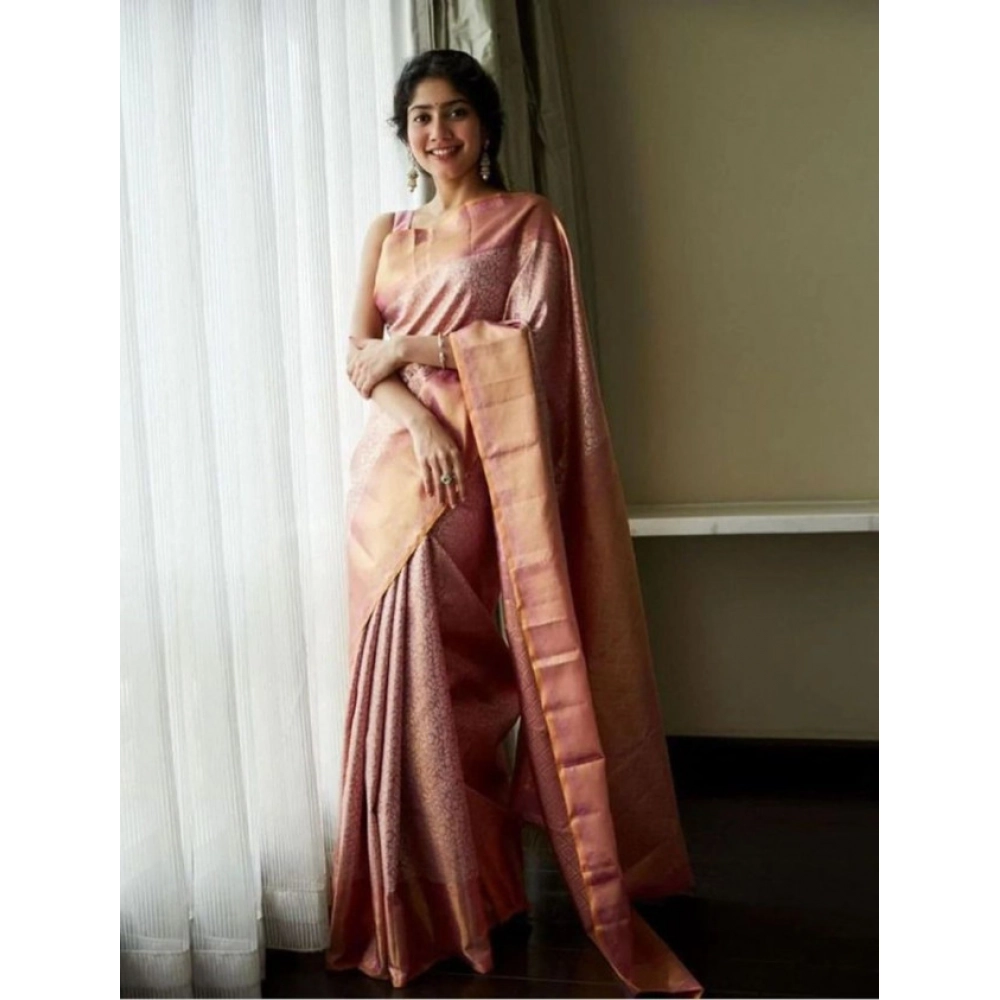 Women's Litchi Silk Printed Saree with Blouse – Light Pink