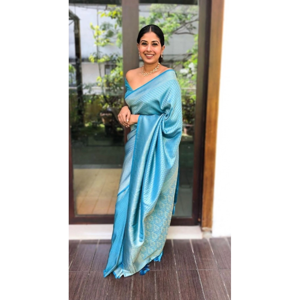 Women's Litchi Silk Printed Saree with Blouse – Sky Blue