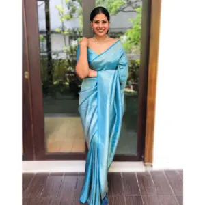 Women's Litchi Silk Printed Saree with Blouse – Sky Blue