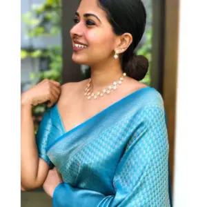 Women's Litchi Silk Printed Saree with Blouse – Sky Blue