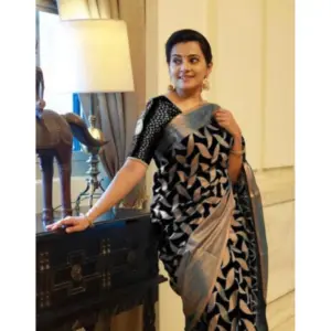 Women's Litchi Silk Printed Saree with Blouse – Black