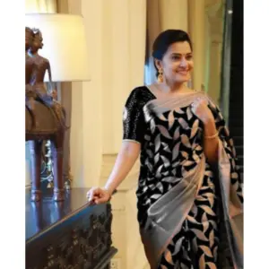 Women's Litchi Silk Printed Saree with Blouse – Black