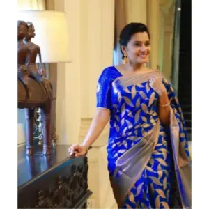 Women's Litchi Silk Printed Saree with Blouse – Blue