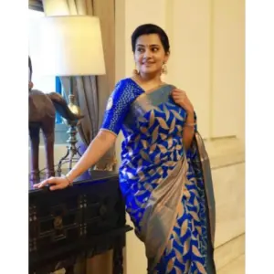 Women's Litchi Silk Printed Saree with Blouse – Blue