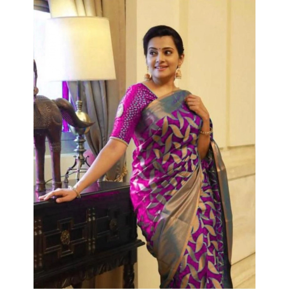 Women's Litchi Silk Printed Saree with Blouse – Pink