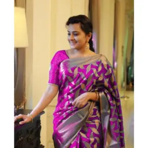 Women's Litchi Silk Printed Saree with Blouse – Pink
