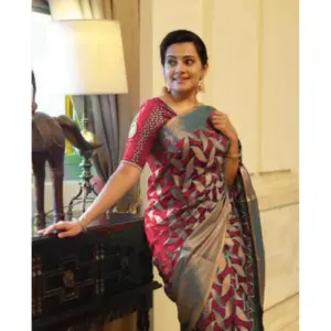 Women's Litchi Silk Printed Saree with Blouse – Red