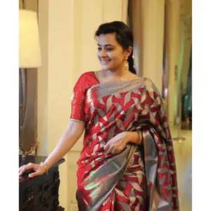 Women's Litchi Silk Printed Saree with Blouse – Red
