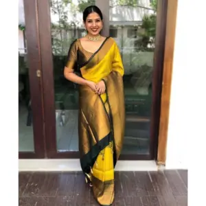 Women's Litchi Silk Printed Saree with Blouse – Yellow