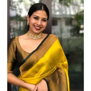 Women's Litchi Silk Printed Saree with Blouse – Yellow