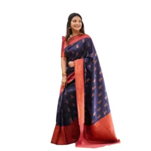 Women's Litchi Silk Printed Saree with Blouse – Blue