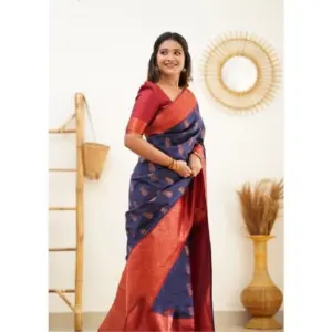 Women's Litchi Silk Printed Saree with Blouse – Blue