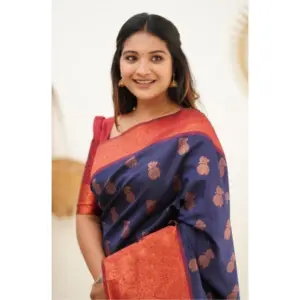 Women's Litchi Silk Printed Saree with Blouse – Blue