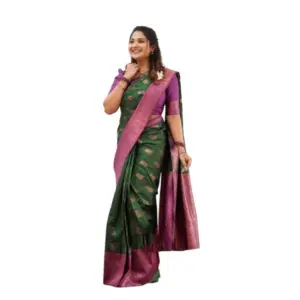 Women's Litchi Silk Printed Saree with Blouse – Green