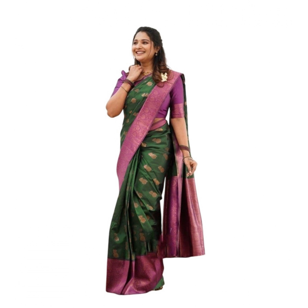 Women's Litchi Silk Printed Saree with Blouse – Green