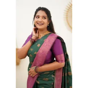 Women's Litchi Silk Printed Saree with Blouse – Green