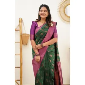 Women's Litchi Silk Printed Saree with Blouse – Green