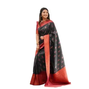Women's Litchi Silk Printed Saree with Blouse – Grey