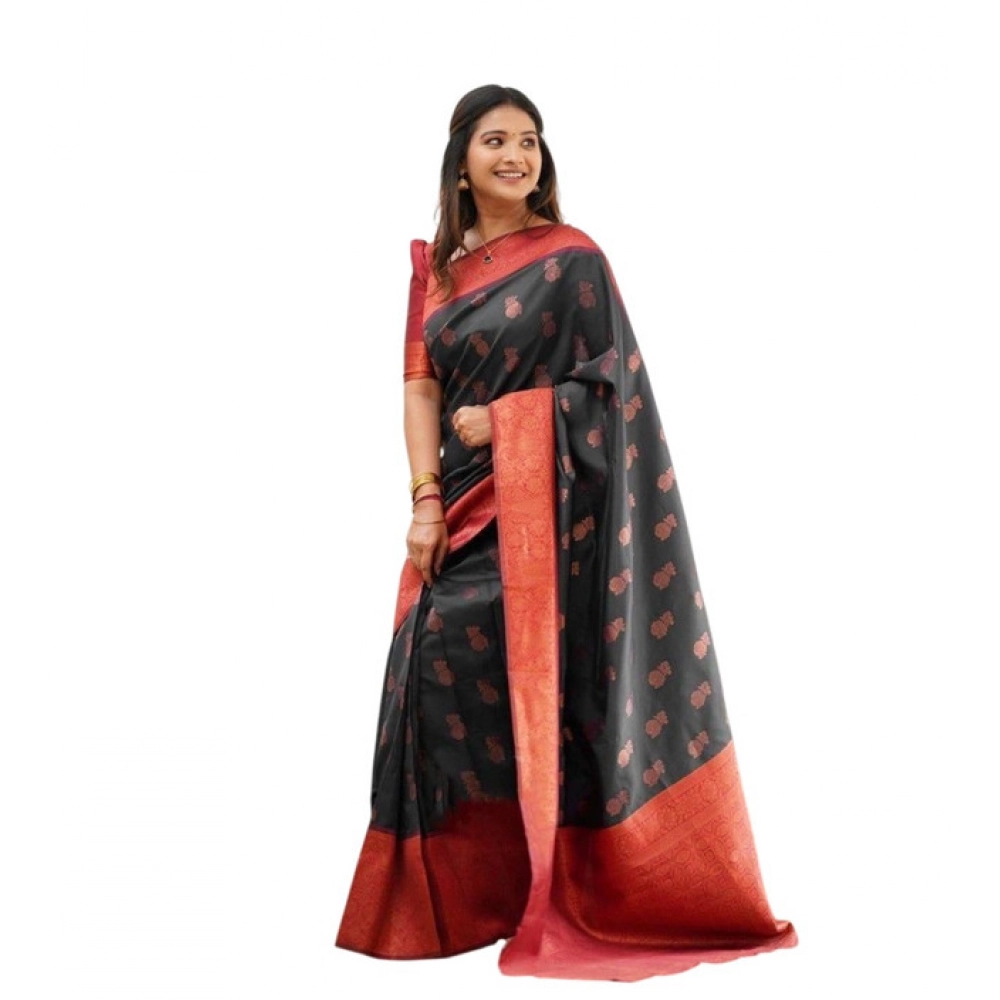 Women's Litchi Silk Printed Saree with Blouse – Grey