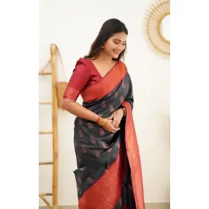 Women's Litchi Silk Printed Saree with Blouse – Grey