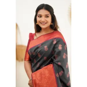 Women's Litchi Silk Printed Saree with Blouse – Grey