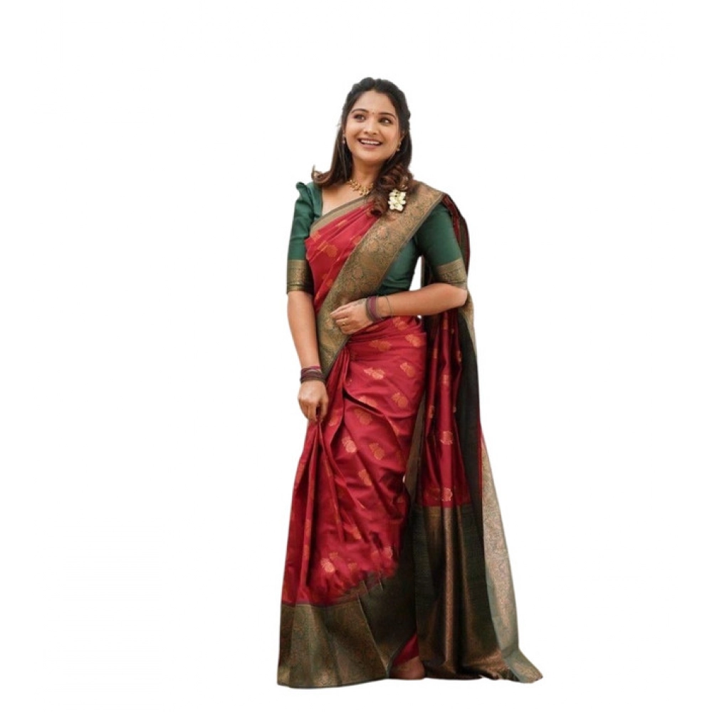 Women's Litchi Silk Printed Saree with Blouse – Red