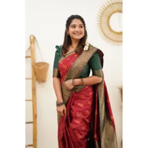 Women's Litchi Silk Printed Saree with Blouse – Red