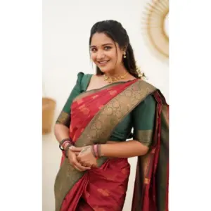 Women's Litchi Silk Printed Saree with Blouse – Red