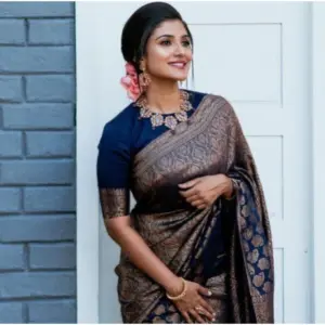 Women's Litchi Silk Printed Saree with Blouse – Blue
