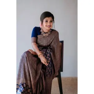 Women's Litchi Silk Printed Saree with Blouse – Blue