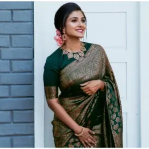 Women's Litchi Silk Printed Saree with Blouse – Green