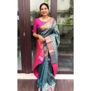 Women's Litchi Silk Printed Saree with Blouse – Blue