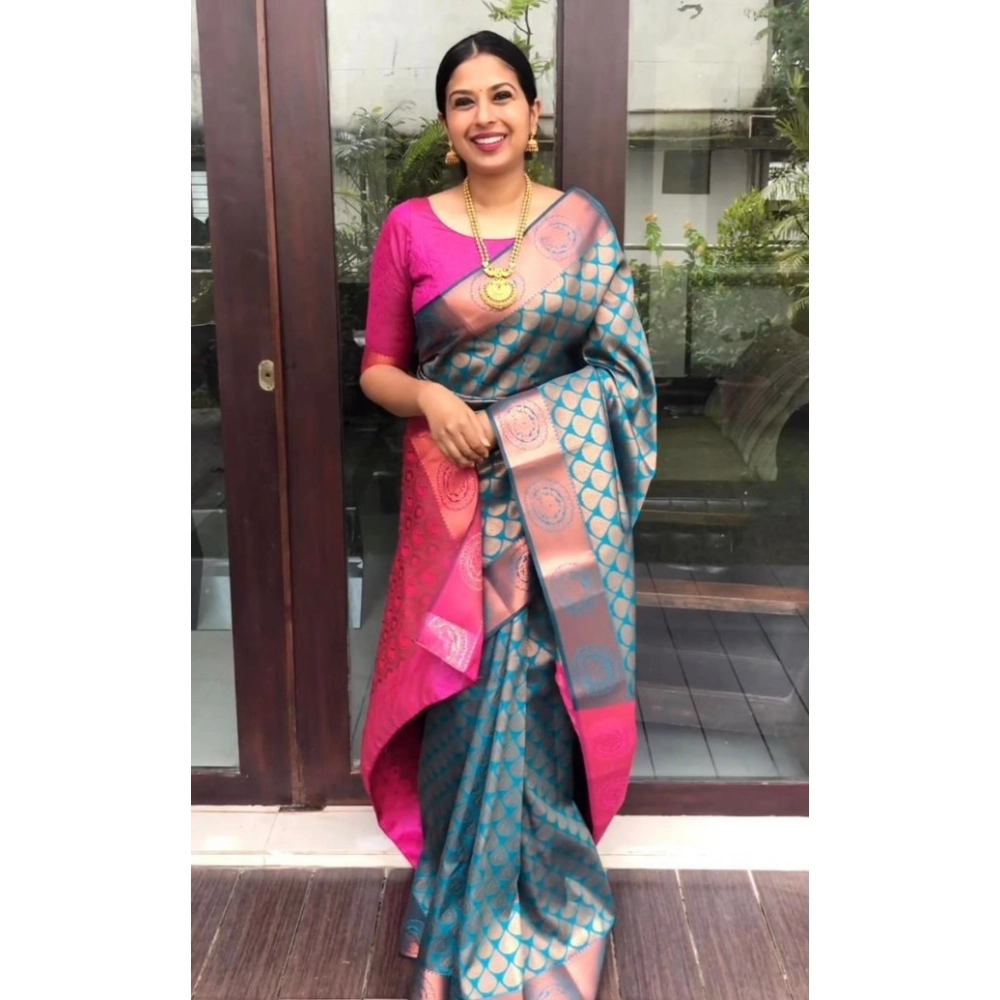 Women's Litchi Silk Printed Saree with Blouse – Blue