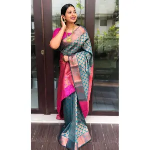 Women's Litchi Silk Printed Saree with Blouse – Blue