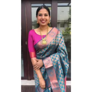 Women's Litchi Silk Printed Saree with Blouse – Blue