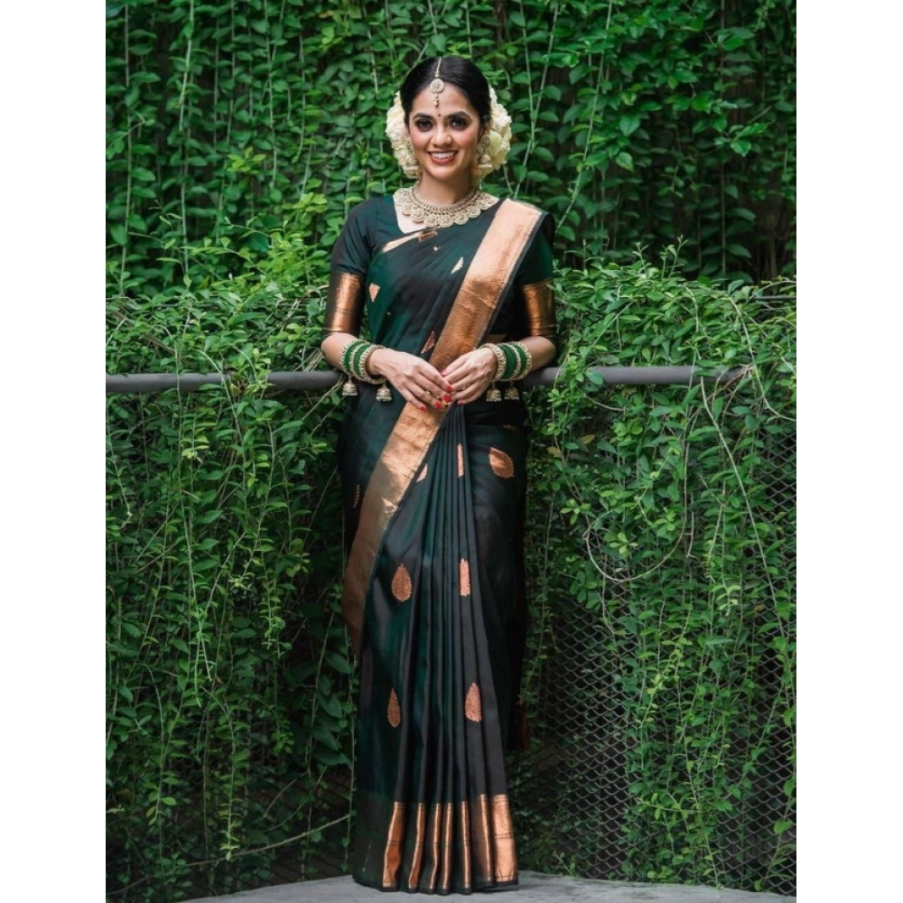 Women's Litchi Silk Printed Saree with Blouse – Green