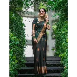 Women's Litchi Silk Printed Saree with Blouse – Green